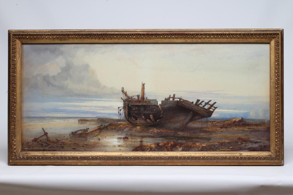 Captain Walter William May (1831-1896) Wrecked sailing boat on a Rocky Seashore Image