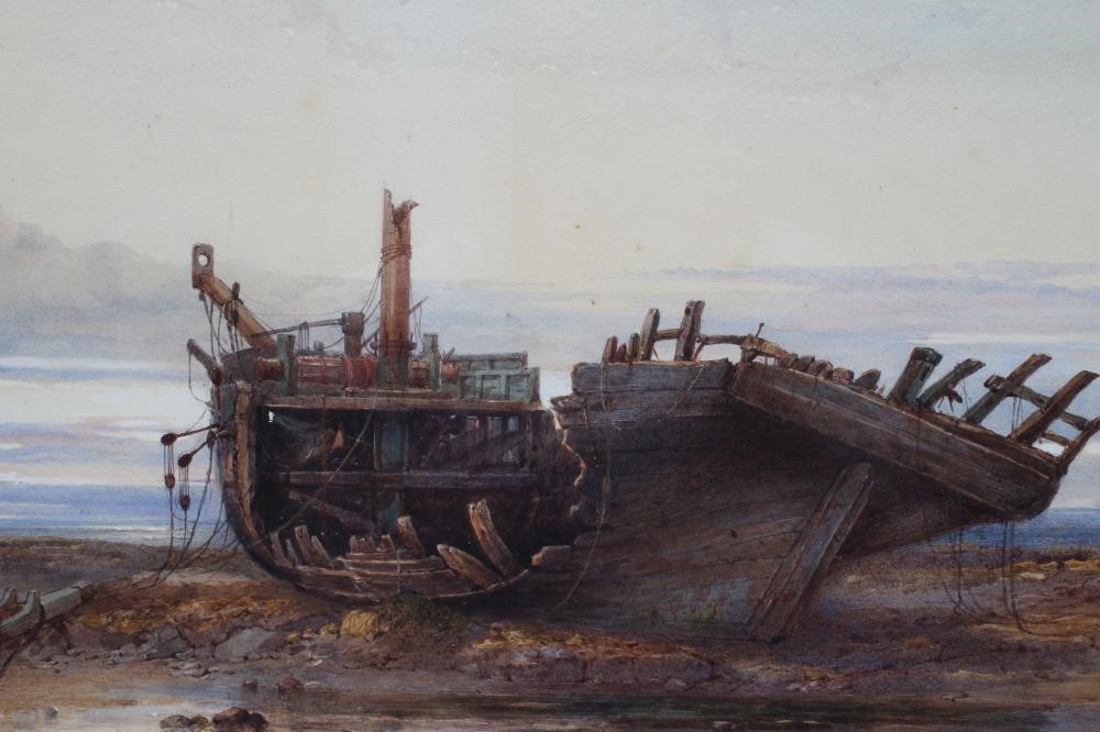 Captain Walter William May (1831-1896) Wrecked sailing boat on a Rocky Seashore Image