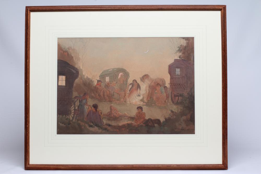 William MacMillan (1887-1977) Gypsy Encampment, signed lower right and dated 1953, watercolour over Image