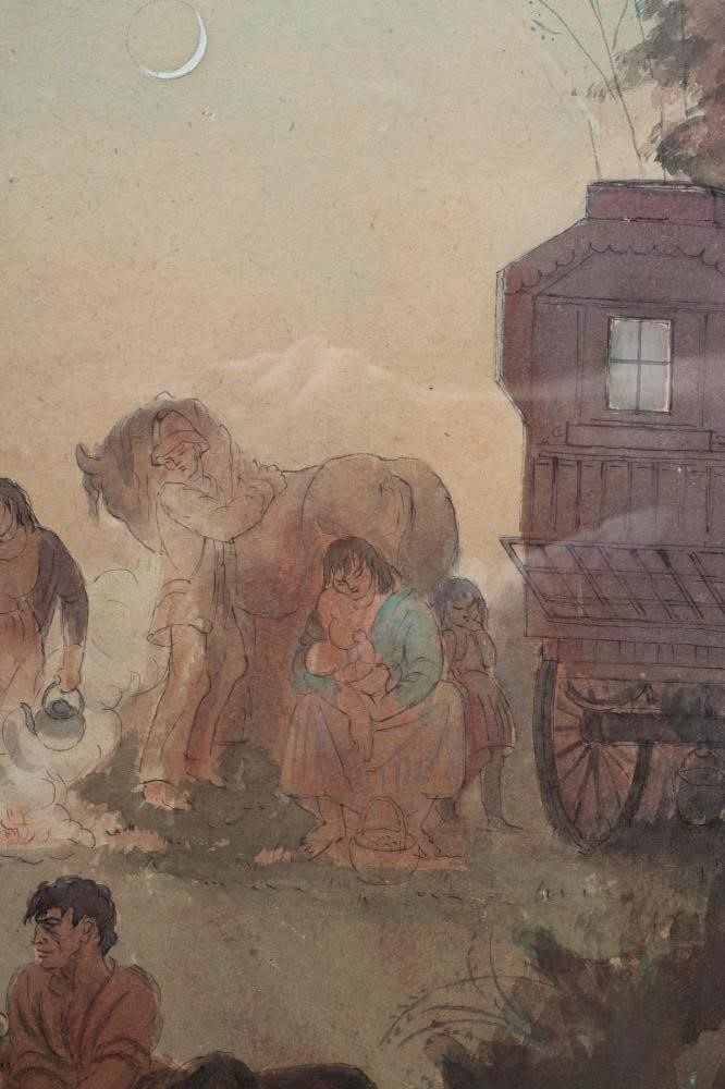 William MacMillan (1887-1977) Gypsy Encampment, signed lower right and dated 1953, watercolour over Image
