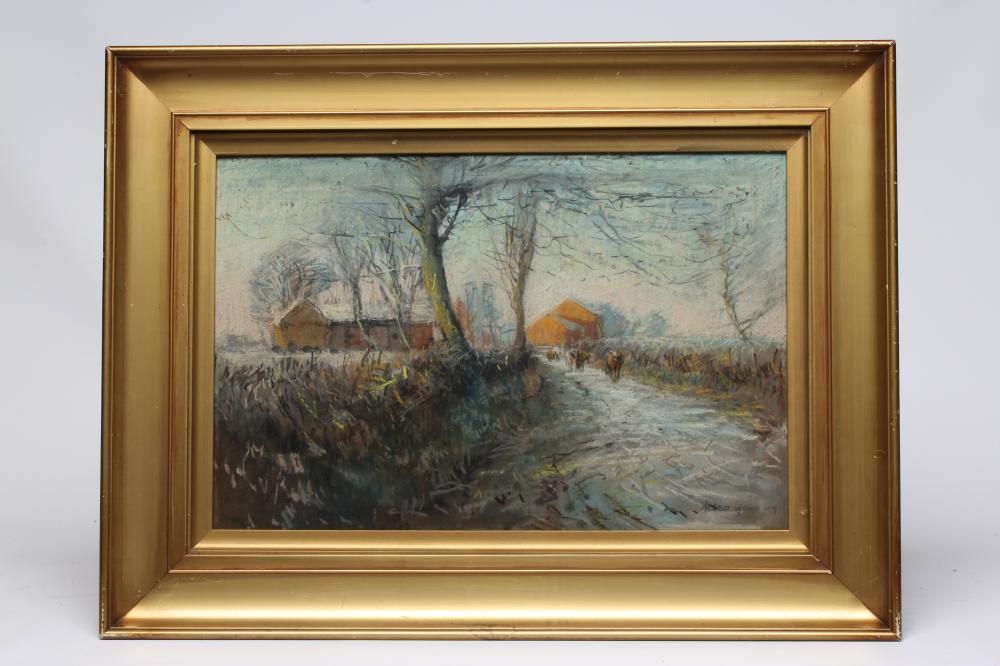 Albert Woods (1871-1944) Cattle on a Rural Lane with Farm Buildings in the Distance, signed and Image