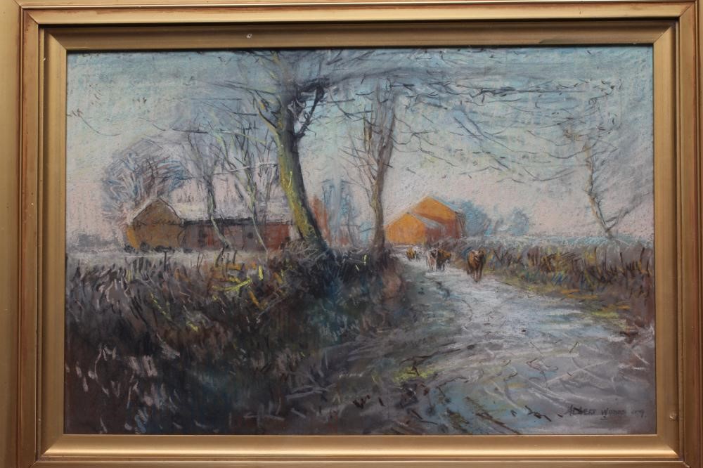 Albert Woods (1871-1944) Cattle on a Rural Lane with Farm Buildings in the Distance, signed and Image