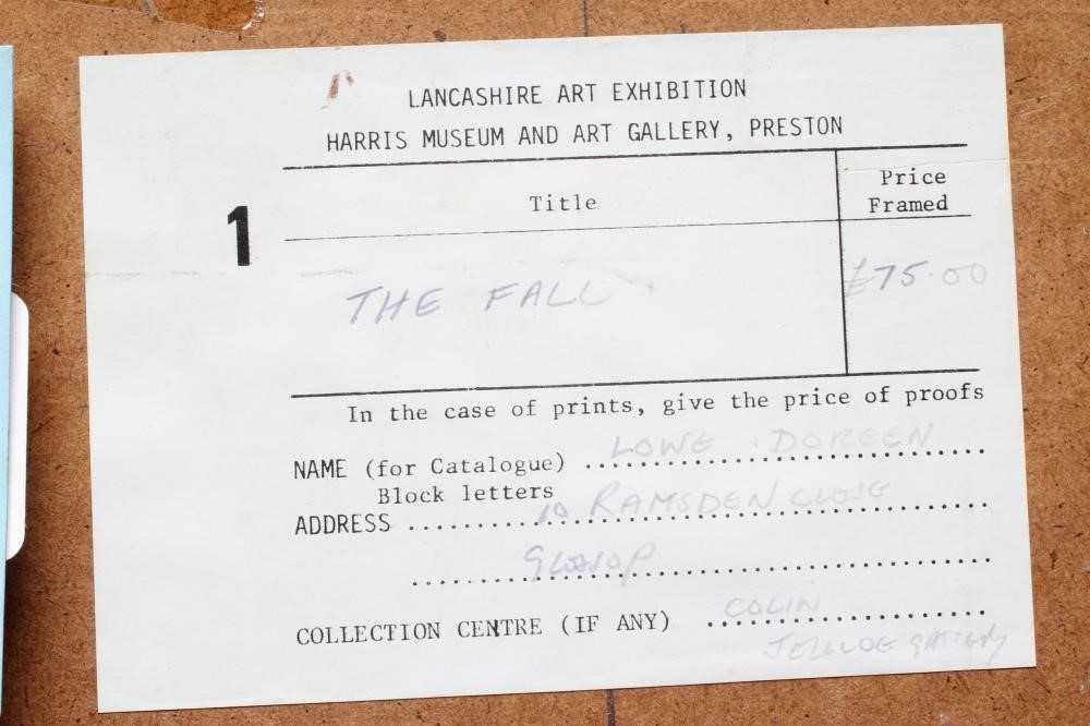 Doreen Lowe (1932-2016) The Fall, signed lower right, gallery label verso, oil on paper, 19" x 14", Image