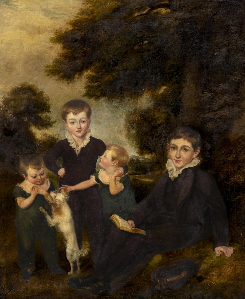 English School, Early 19th century Portrait of four young Children and a Dog in a Woodland Image