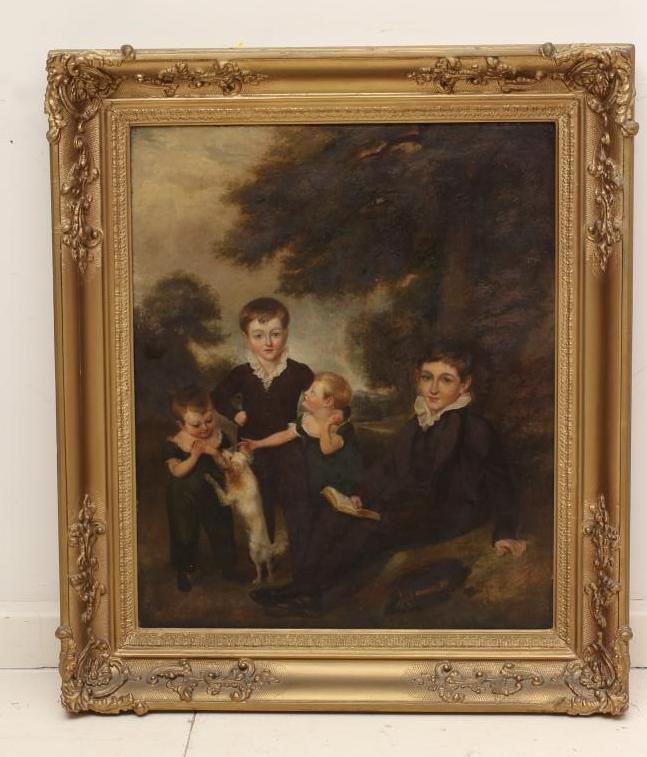 English School, Early 19th century Portrait of four young Children and a Dog in a Woodland Image