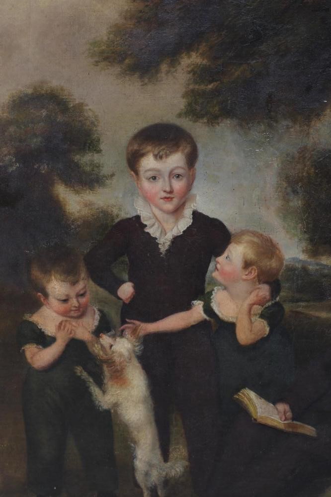 English School, Early 19th century Portrait of four young Children and a Dog in a Woodland Image