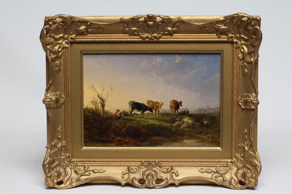 John Dearman (Act. 1824-1857) Cattle and Sheep beside a Pond with a Church in the Distance Image