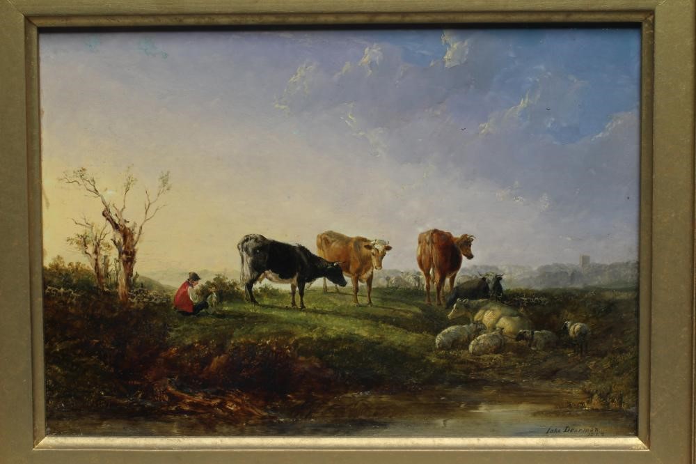 John Dearman (Act. 1824-1857) Cattle and Sheep beside a Pond with a Church in the Distance Image