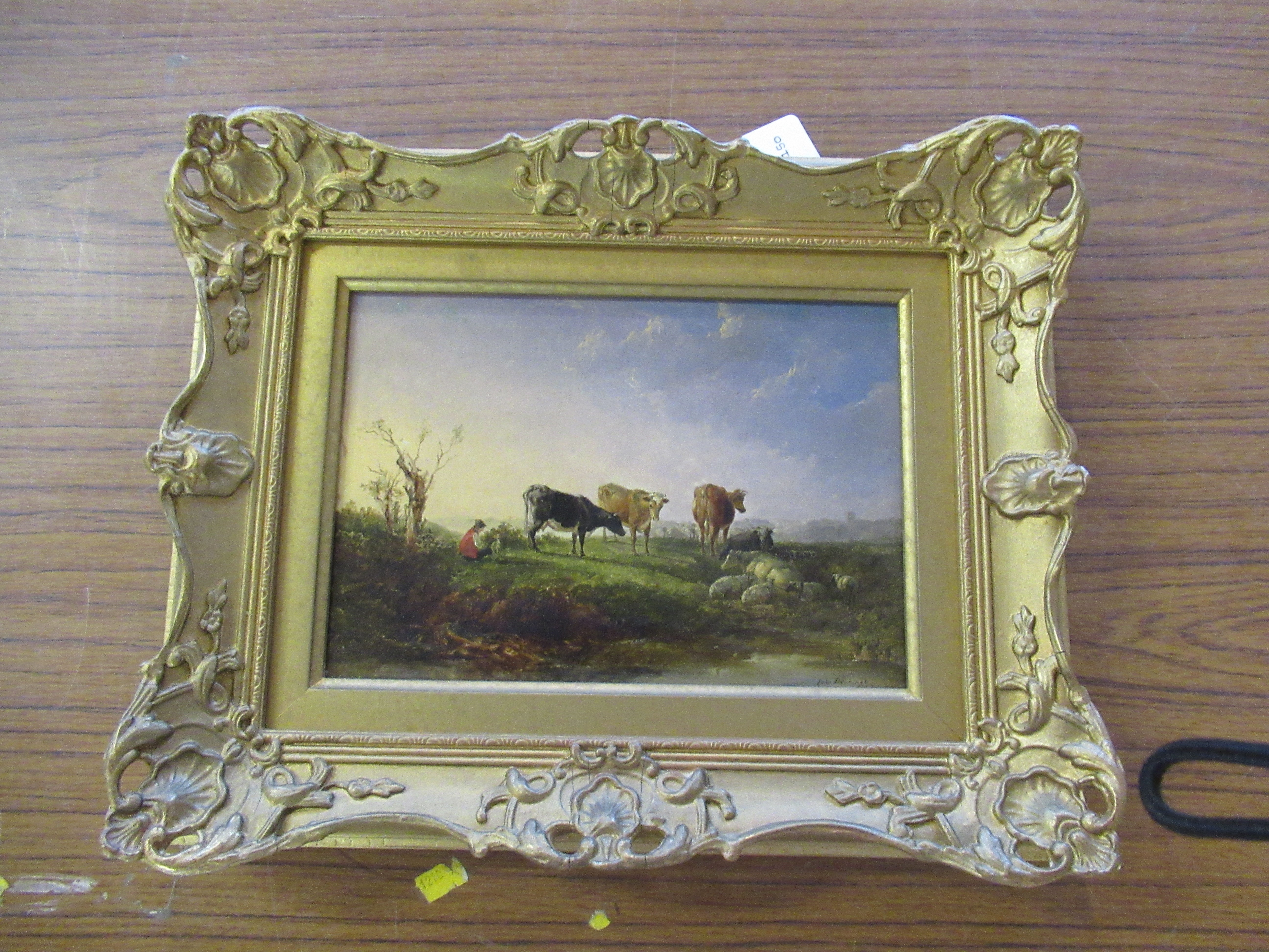 John Dearman (Act. 1824-1857) Cattle and Sheep beside a Pond with a Church in the Distance Image