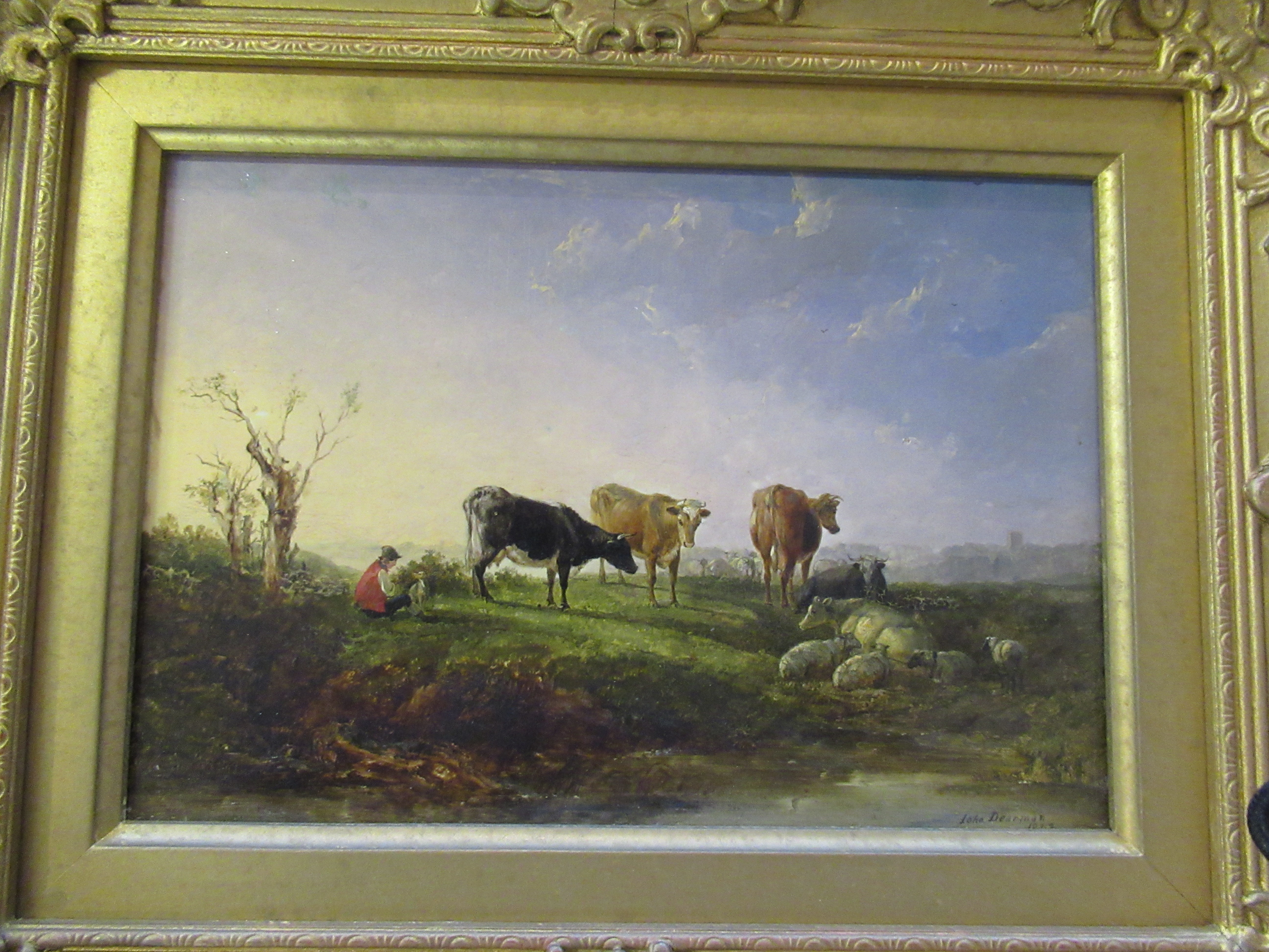 John Dearman (Act. 1824-1857) Cattle and Sheep beside a Pond with a Church in the Distance Image