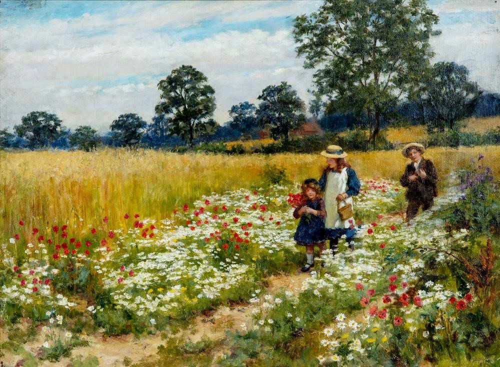 George Sheridan Knowles (1863-1931) A Summer's Day and Gathering Poppies, a pair, oil on canvas, 13" Image