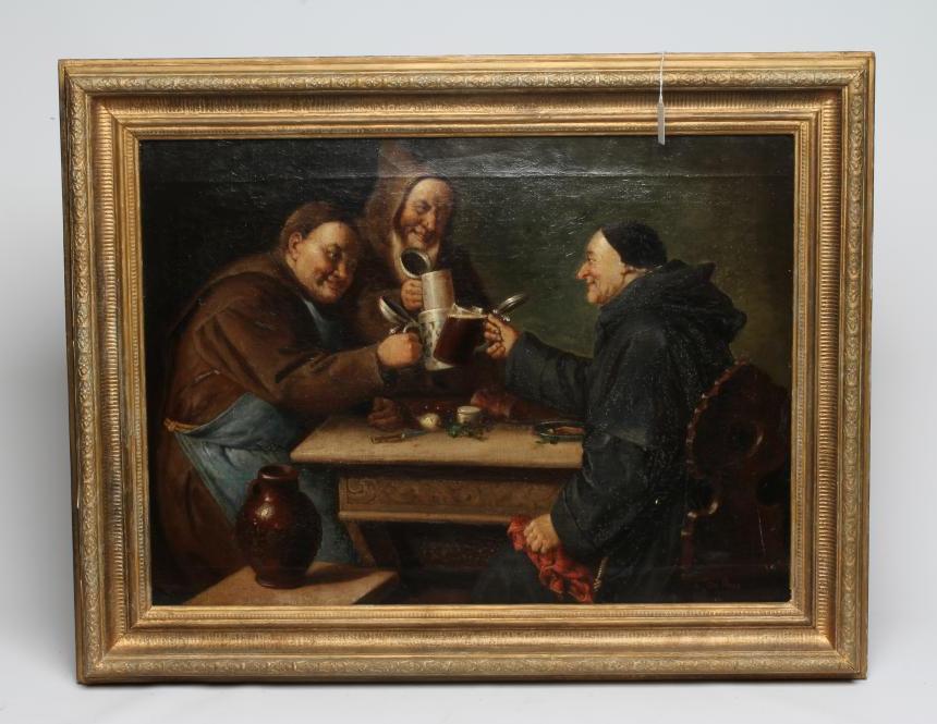 De Greda (Continental School, 19th century) Monks Enjoying a Drink, oil on canvas, 20" x 27", gilt Image