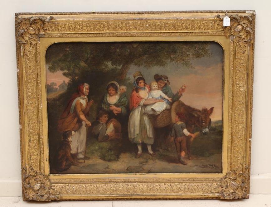 Follower of William Shayer (1811-1892) Family Group with Donkey and Animals on the Road, signed oil Image