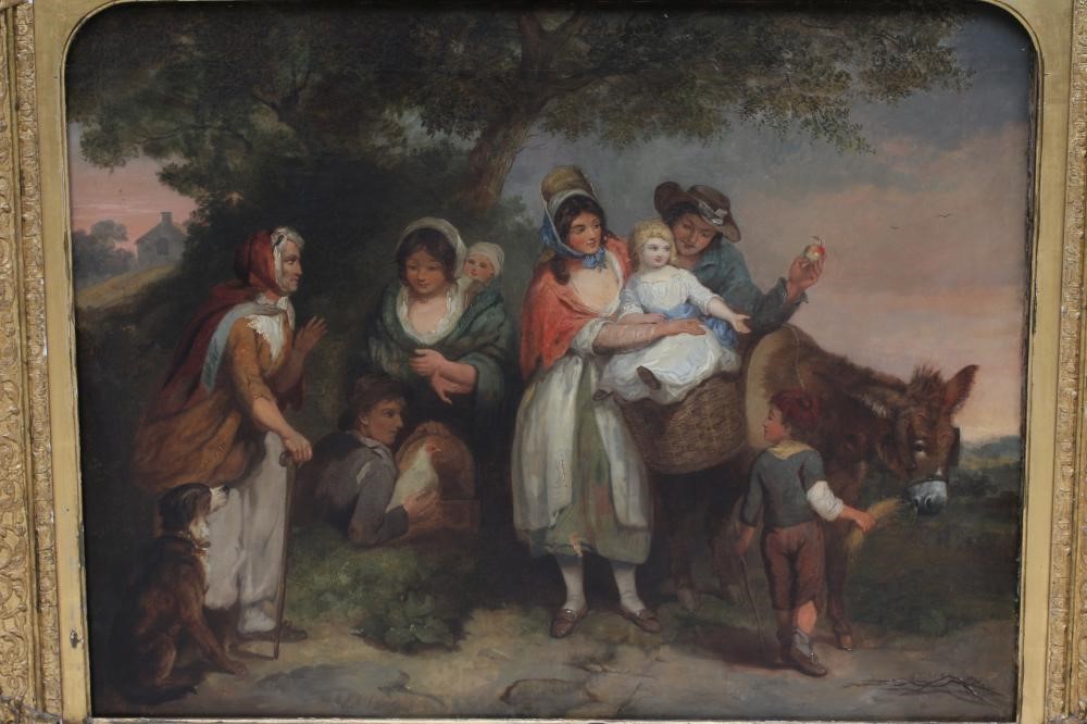Follower of William Shayer (1811-1892) Family Group with Donkey and Animals on the Road, signed oil Image