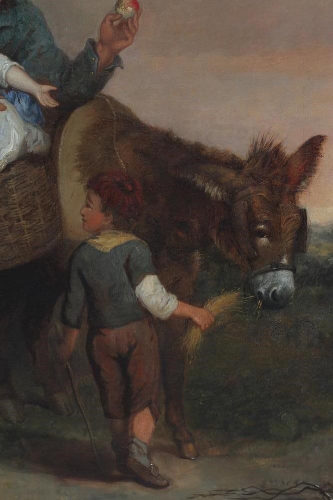 Follower of William Shayer (1811-1892) Family Group with Donkey and Animals on the Road, signed oil Image