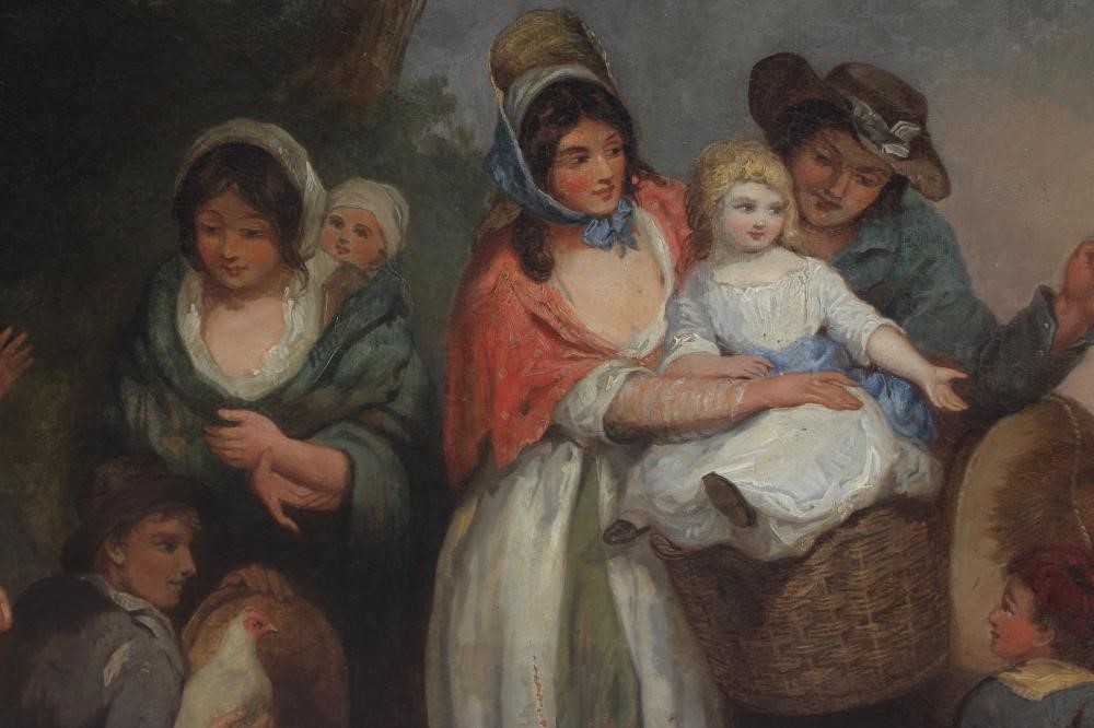 Follower of William Shayer (1811-1892) Family Group with Donkey and Animals on the Road, signed oil Image