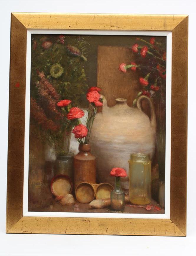 Bohuslav Barlow (Born 1947) Still life with Carnations and Earthenware Pots Image