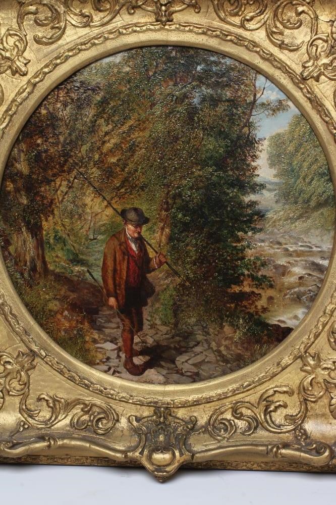 Circle of George Cole (1810-1883) Fisherman beside a River, oil on canvas, (tondo), 12 1/2" Image
