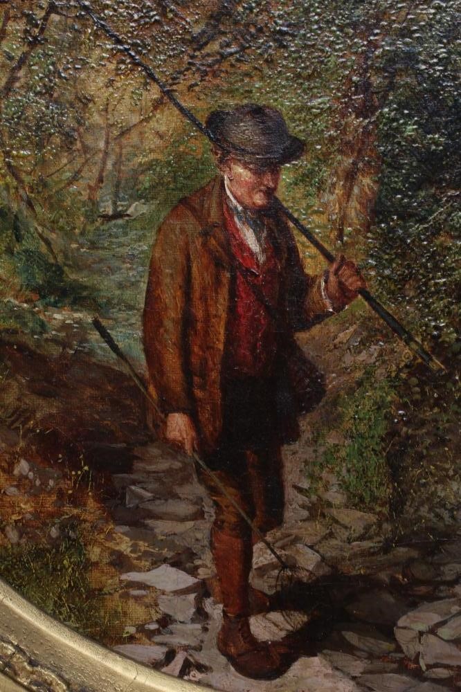 Circle of George Cole (1810-1883) Fisherman beside a River, oil on canvas, (tondo), 12 1/2" Image