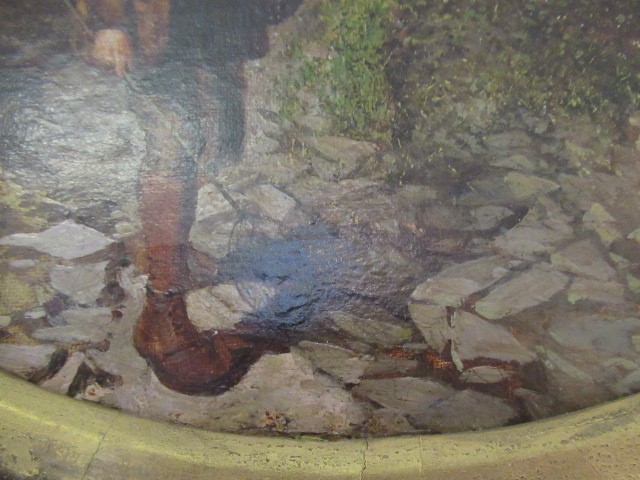 Circle of George Cole (1810-1883) Fisherman beside a River, oil on canvas, (tondo), 12 1/2" Image