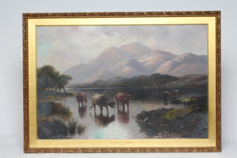 Henry R Hall (1859-1929) Highland Cattle, Loch Katrina, signed and inscribed verso, oil on canvas, Image