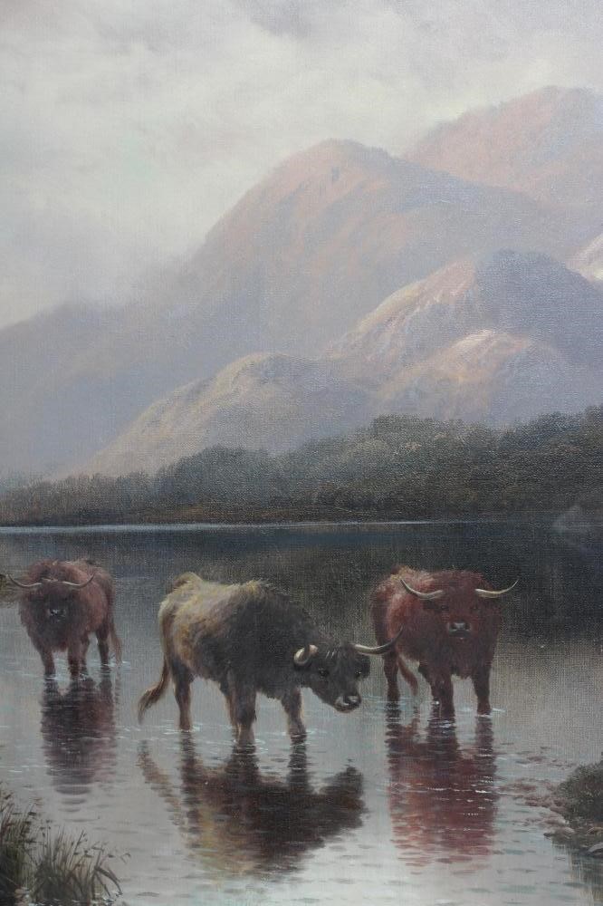 Henry R Hall (1859-1929) Highland Cattle, Loch Katrina, signed and inscribed verso, oil on canvas, Image