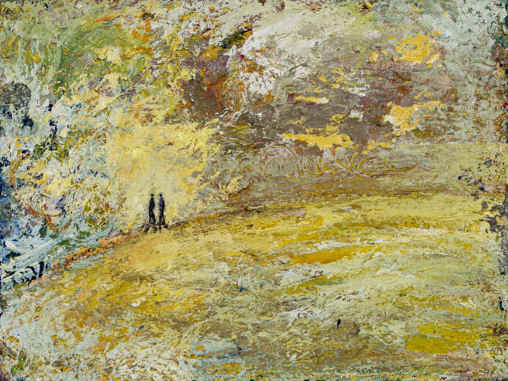 Kitty North (Born 1963) Meeting on the Hill, artists label verso, oil on canvas, 12" x 16", Image