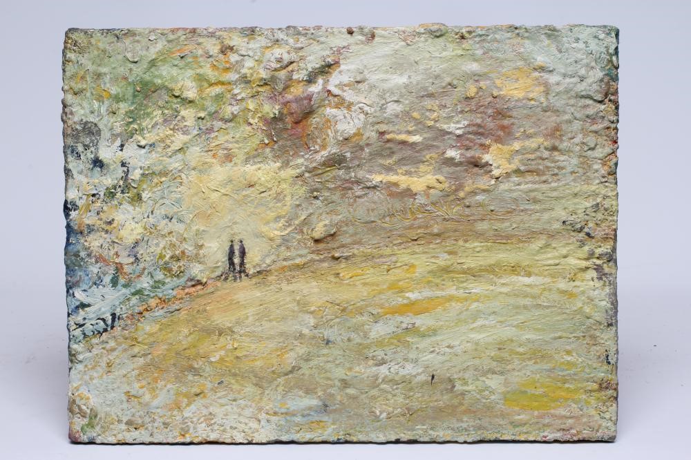 Kitty North (Born 1963) Meeting on the Hill, artists label verso, oil on canvas, 12" x 16", Image