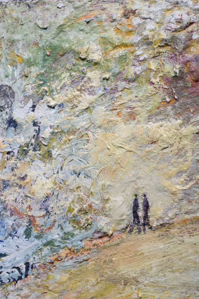 Kitty North (Born 1963) Meeting on the Hill, artists label verso, oil on canvas, 12" x 16", Image