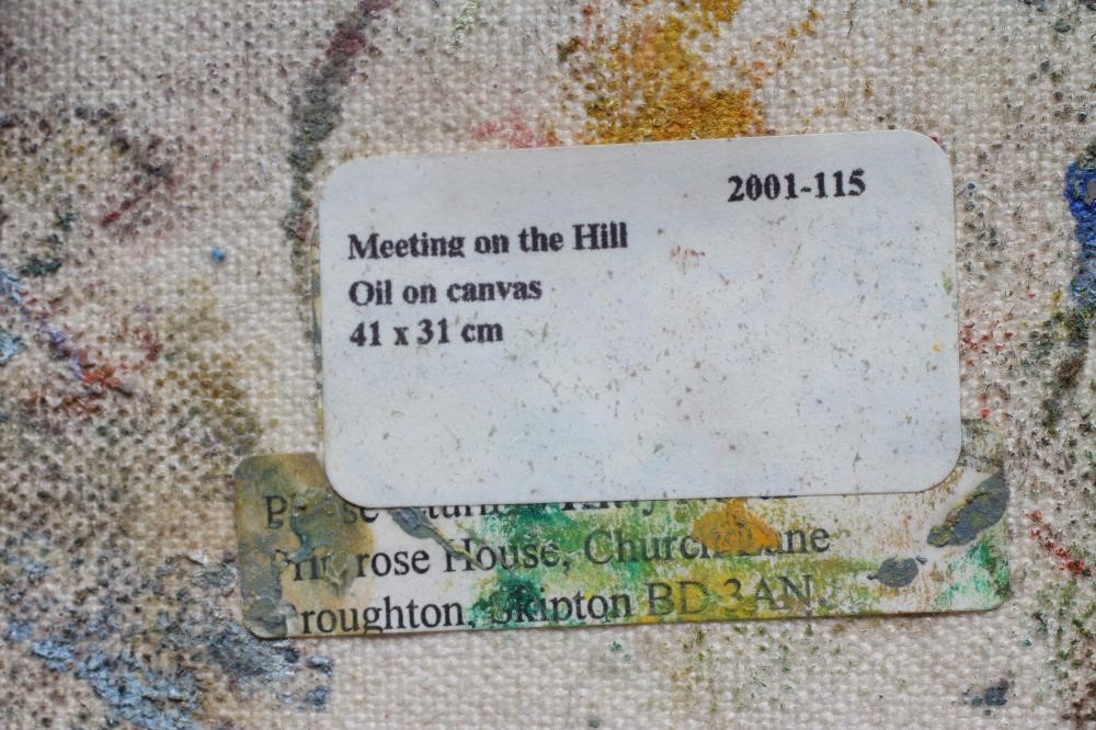 Kitty North (Born 1963) Meeting on the Hill, artists label verso, oil on canvas, 12" x 16", Image