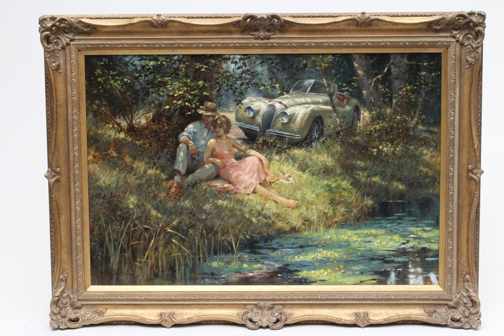 Alan Fearnley (Born 1942) Couple with Jaguar XK120 beside a River Image