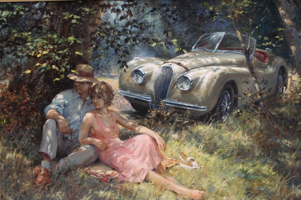 Alan Fearnley (Born 1942) Couple with Jaguar XK120 beside a River Image