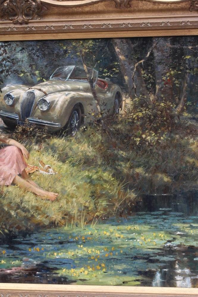 Alan Fearnley (Born 1942) Couple with Jaguar XK120 beside a River Image