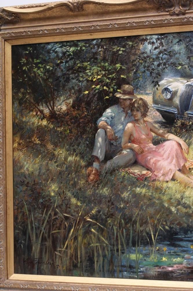 Alan Fearnley (Born 1942) Couple with Jaguar XK120 beside a River Image