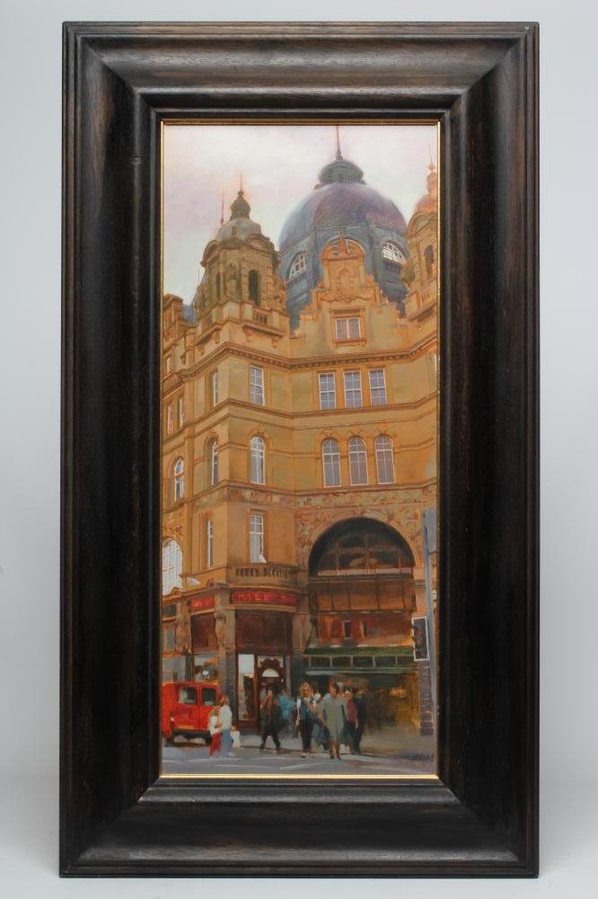 Alan Flood (Born 1951) Kirkgate Market, Leeds, signed lower right, acrylic on board, 24" x 10 1/2", Image