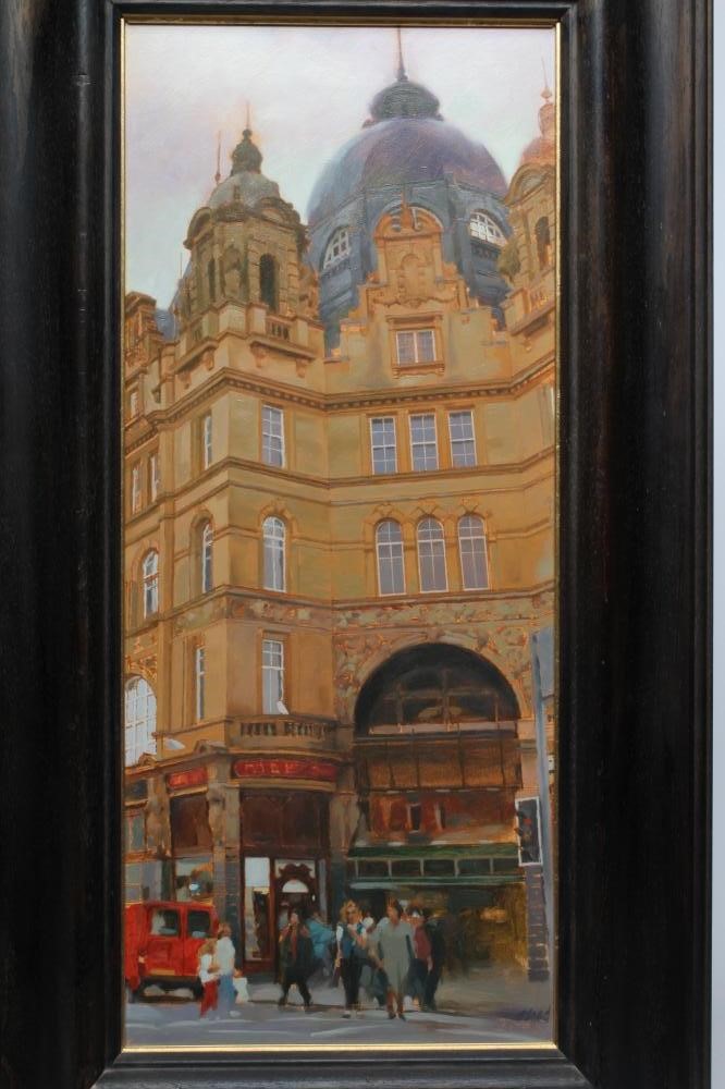 Alan Flood (Born 1951) Kirkgate Market, Leeds, signed lower right, acrylic on board, 24" x 10 1/2", Image