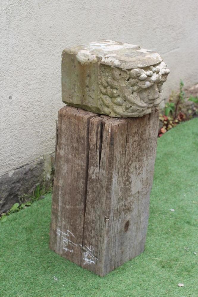 A CARVED SANDSTONE GREEN MAN CORBEL, finely executed and raised on a wood plinth, corbel 15 1/4" x 9 Image