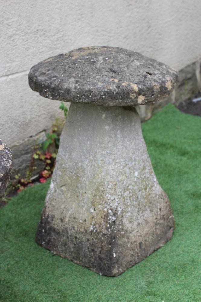 A PAIR OF SANDSTONE STADDLE STONES with mushroom caps on square tapering bases, 22" x 30" Image