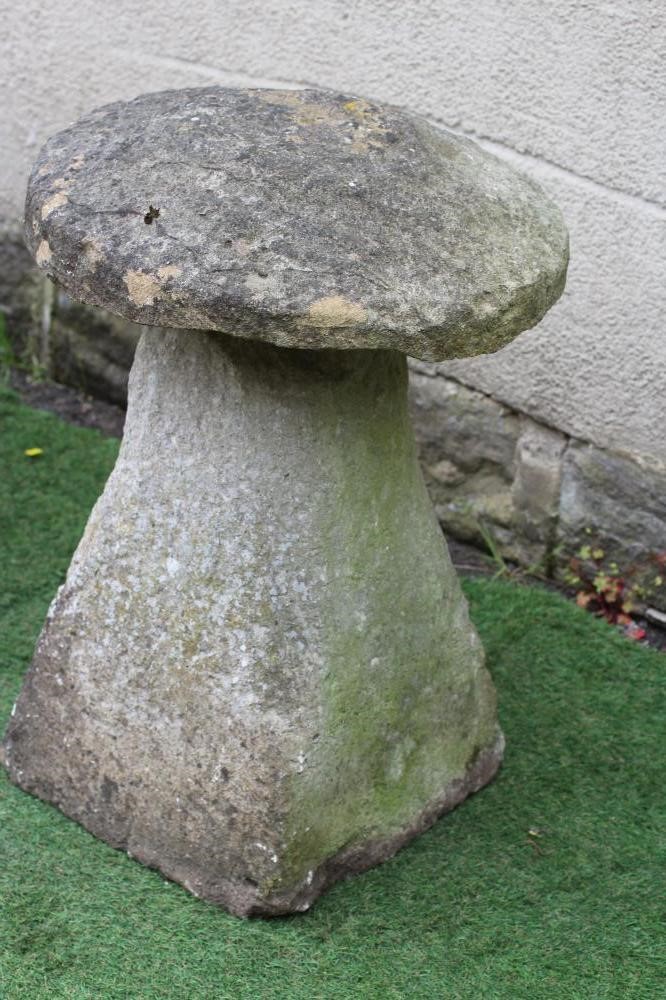 A PAIR OF SANDSTONE STADDLE STONES with mushroom caps on square tapering bases, 22" x 30" Image