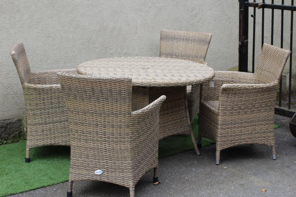 A HARTMAN RESIN WEAVE DINING SUITE, comprising a circular table on splayed aluminium tubular legs, Image