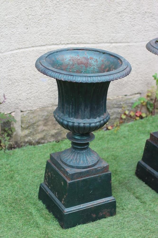 A PAIR OF VICTORIAN CAST IRON URNS of fluted campana form with ovolo rim, turned socle and square Image