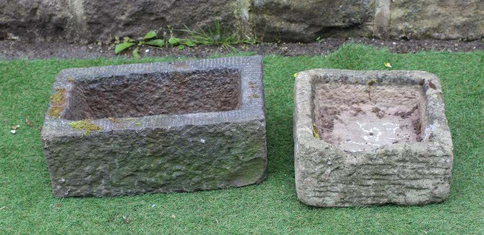 A SMALL OBLONG SANDSTONE TROUGH finely cut with tapering sides, 20" x 11" x 7 1/2", together with Image