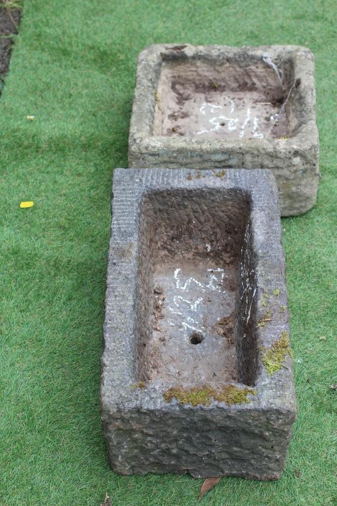 A SMALL OBLONG SANDSTONE TROUGH finely cut with tapering sides, 20" x 11" x 7 1/2", together with Image