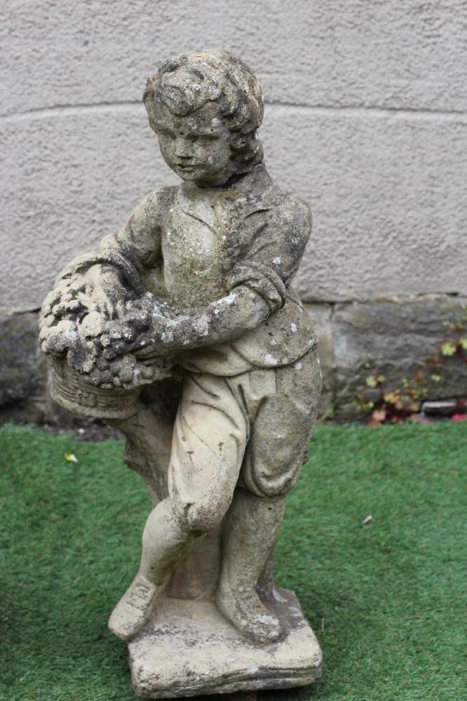 A SET OF THREE CAST STONE ALLEGORICAL FIGURES of Spring, Summer and Autumn, each on square base, 30" Image