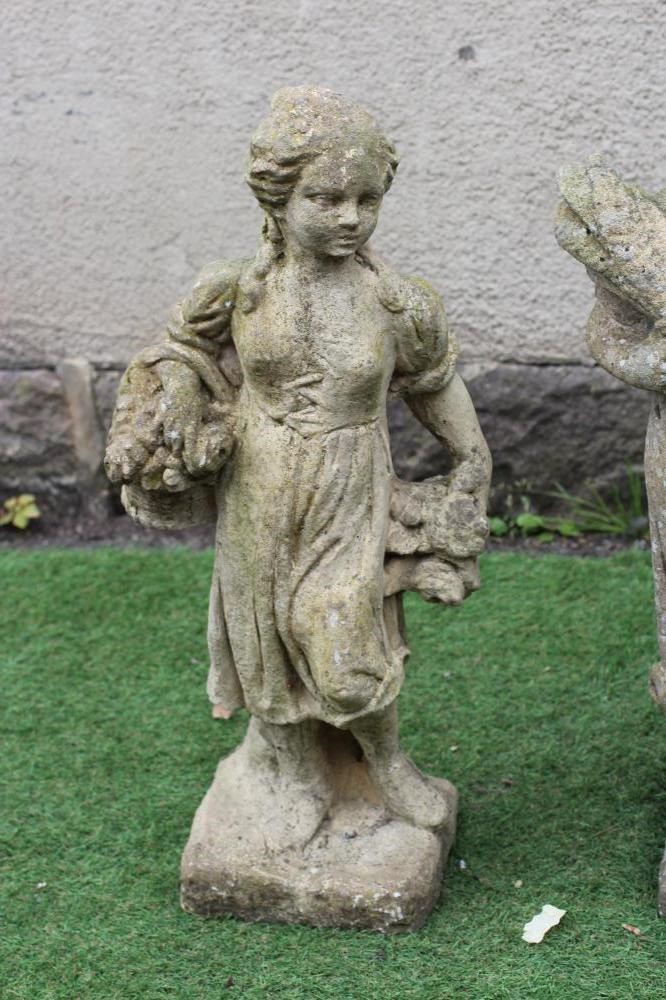 A SET OF THREE CAST STONE ALLEGORICAL FIGURES of Spring, Summer and Autumn, each on square base, 30" Image