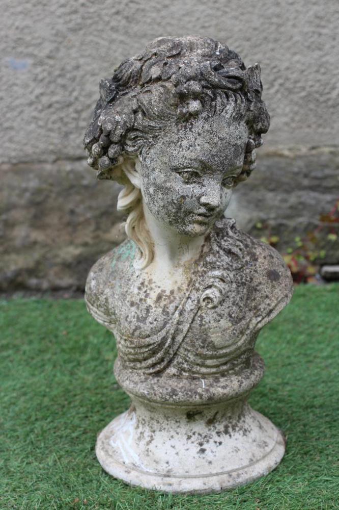 A CAST STONE ALLEGORICAL BUST of Summer with fruiting branches in her hair, on waisted socle, 18 Image