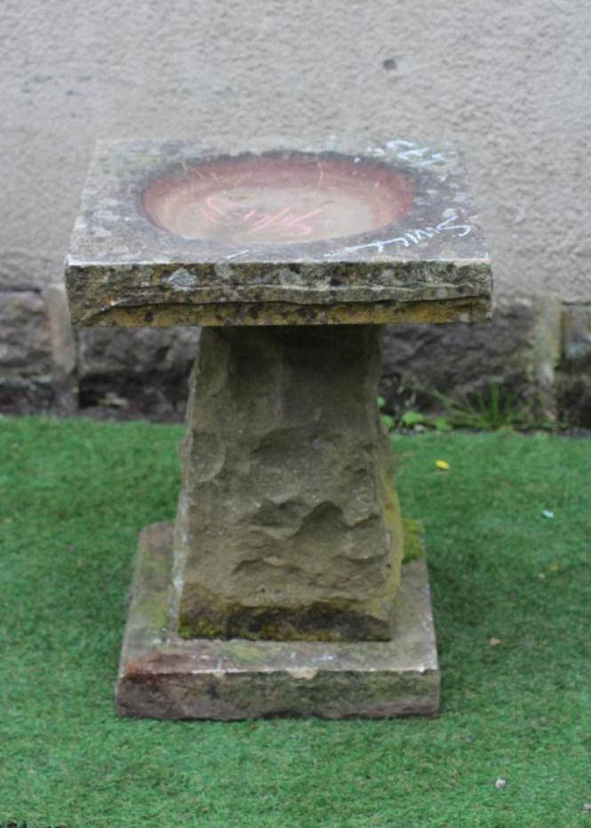 A SANDSTONE BIRD BATH of square form with tapering stem, 18" x 25" (Est. plus 24% premium inc. VAT) Image