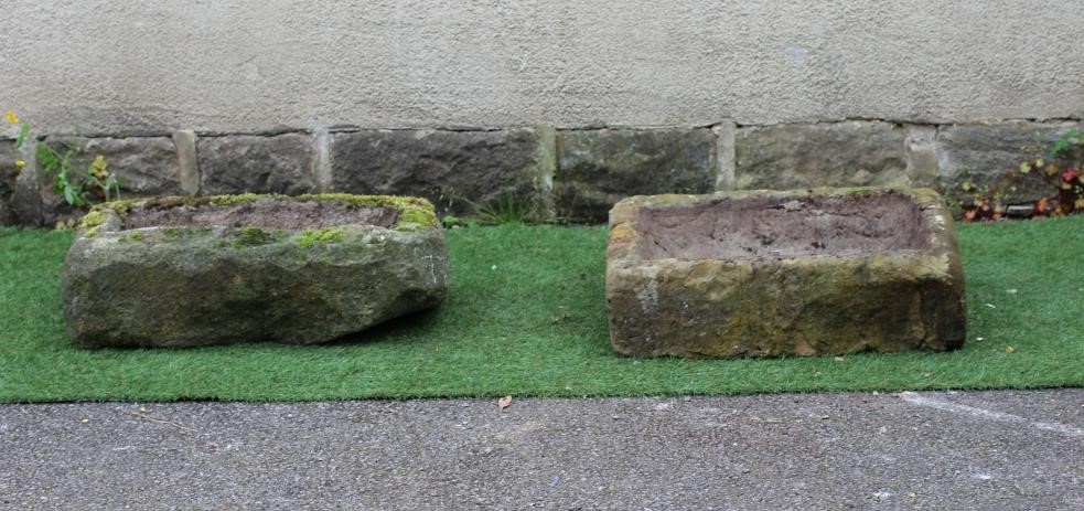 TWO SANDSTONE TROUGHS of rough hewn oblong form, 26" x 13 1/2" x 7" and 25" x 18 1/2" x 6 1/2" (2) Image