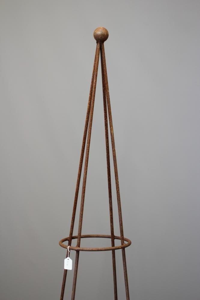 A PAIR OF HAND FORGED WROUGHT IRON OBELISKS of conical form with ball finials, 19 1/2" x 81 1/2" Image