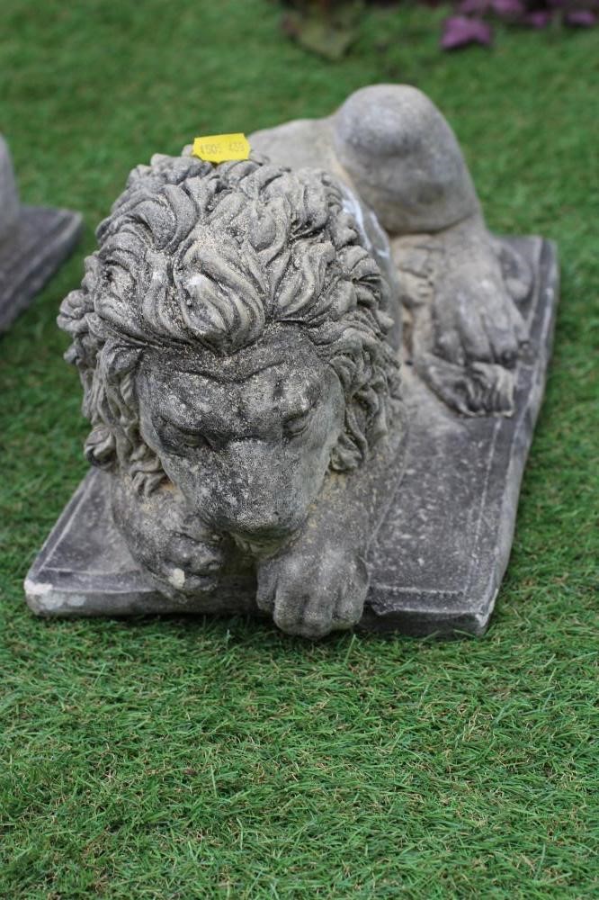 A PAIR OF CAST STONE RECUMBENT LIONS on oblong base, 15 1/4" wide (Est. plus 24% premium inc. VAT) Image